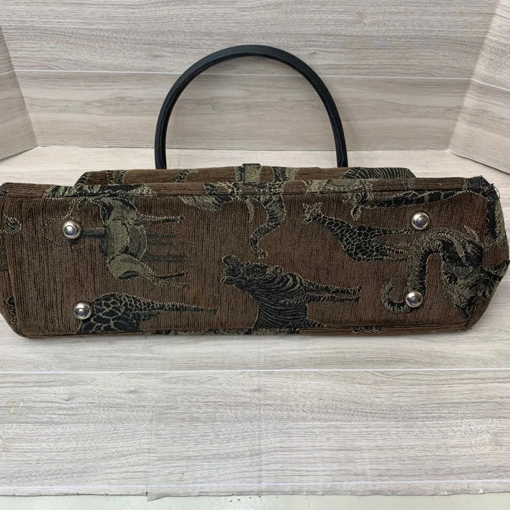 Raviani Dallas TX Safari Animal Tapestry Leather Trim Frame Satchel Handbag